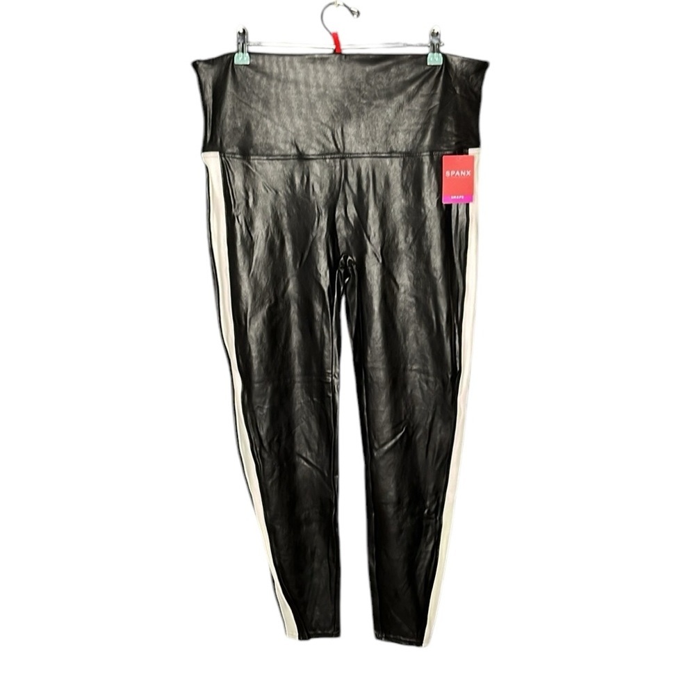 SPANX Black White Side Stripe Faux Leather Shape Legging Pants Size 3X - Picture 2 of 11